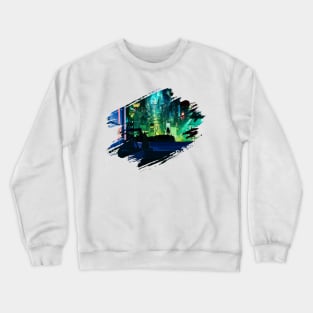 Cyber Night City illustration - cat by the window Crewneck Sweatshirt